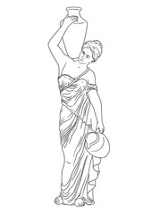 A young slender ancient Greek woman stands and holds a clay jug on her shoulder.