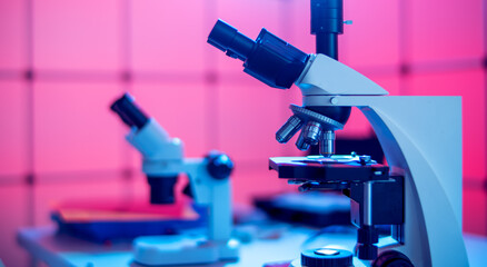 Toned photo of scientific trinocular microscope with camera in science laboratory