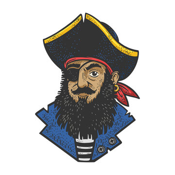 Cartoon pirate color sketch engraving vector illustration. T-shirt apparel print design. Scratch board imitation. Black and white hand drawn image.