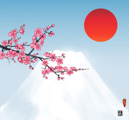 Blossoming branch of oriental sakura cherry and Fujiyama mountain. Traditional Japanese ink wash painting sumi-e. Hieroglyph - beauty