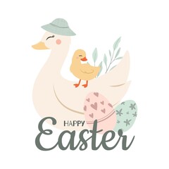 Cute Happy Easter yellow duckling Vector Illustration.