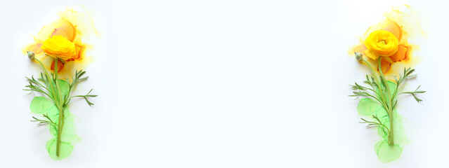 Creative image of beautiful yellow Buttercup flower on artistic ink background. Top view with copy space