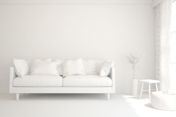 Mock up of minimalist living room in white color with sofa. Scandinavian interior design. 3D illustration