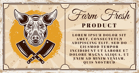 Butchery shop farm fresh pork meat product vector horizontal advertising banner with pig head. Illustration in vintage style with grunge textures and text on separate layers