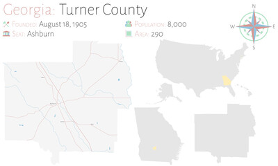 Large and detailed map of Turner county in Georgia, USA.