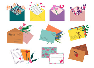 Set of postal envelopes with flowers. Vector elements for use in postcards, decor and design, invitations, flyers, illustrations.