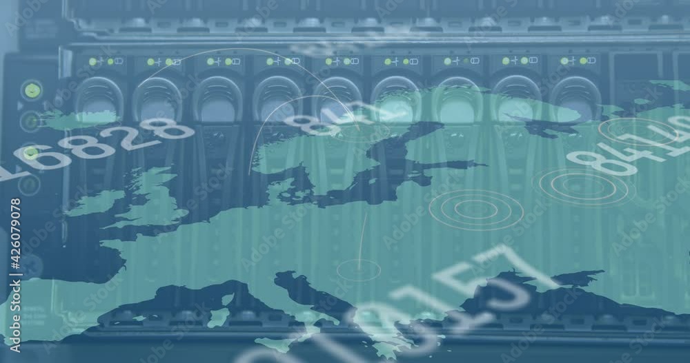 Poster multiple changing numbers over world map against close up of computer server