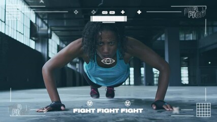Digital animation of video game interface against woman performing push up exercise - Powered by Adobe