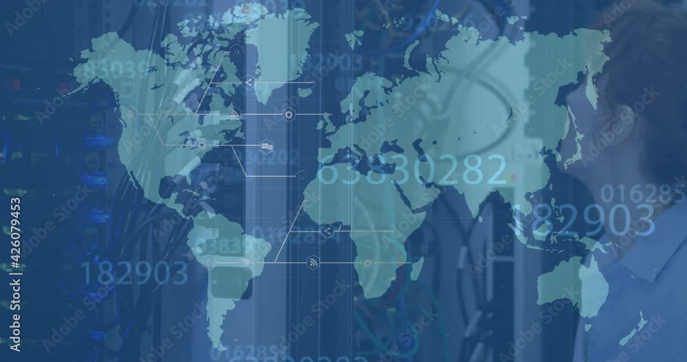 Poster multiple changing numbers over network of digital icons against woman smiling in server room