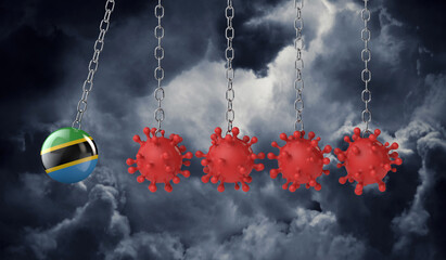 Tanzania flag ball hits into a line of coronavirus molecules. 3D Rendering