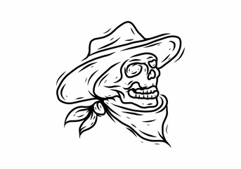 Line art illustration drawing of skull cowboy head