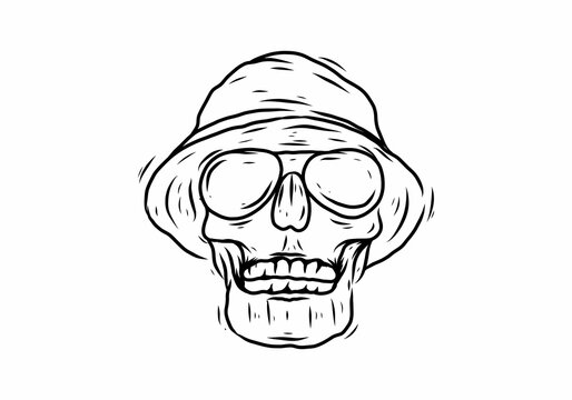 Line art drawing of skull head with funky hat