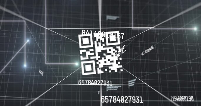 Multiple changing numbers over qr code scanner against grid network on black background - Powered by Adobe