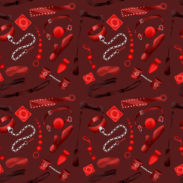 Seamless patterns with sex toys. Toys for adults. Red illustrations. Pattern for a sex shop.