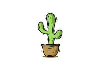 Green cactus in brown pot line art illustration