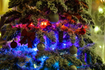 Christmas tree with Christmas trees close-up, copy space