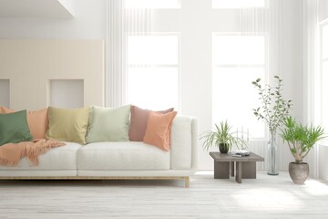 White living room with sofa. Scandinavian interior design. 3D illustration