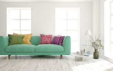 White living room with colorful sofa. Scandinavian interior design. 3D illustration