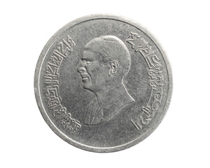 Jordan five piastres coin on a white isolated background