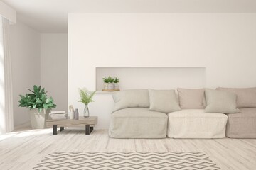Soft color living room with sofa. Scandinavian interior design. 3D illustration