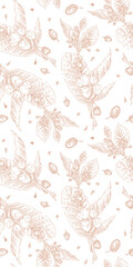 Obraz premium Vintage engraved coffee pattern. Coffee package seamless background for coffee shop banner template with vector branches drawing in engraving style. Coffee roasting banner. Organic food branding.
