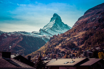 Landscape view of the town of Zermatt, with the Matterhorn in the background, shot in Zermatt, Valais, Switzerland