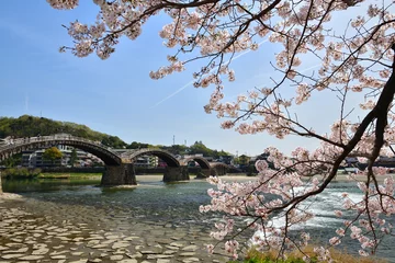 Papier Peint photo autocollant Le pont Kintai 満開の桜と錦帯橋
