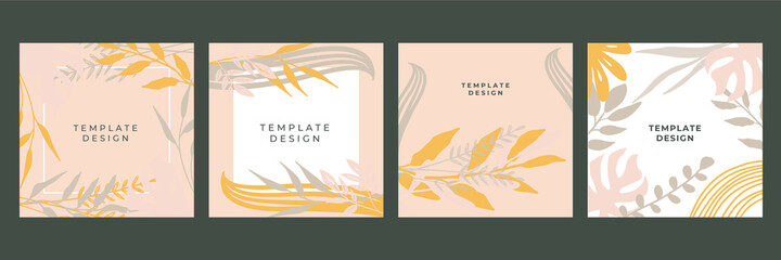 Set of abstract creative universal artistic templates with boho botanical leaf minimal line art. Good for poster, card, invitation, flyer, cover, banner, placard, brochure and other graphic design