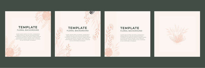 Set of abstract creative universal artistic templates with boho botanical leaf minimal line art. Good for poster, card, invitation, flyer, cover, banner, placard, brochure and other graphic design