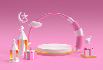 3D Render Eid Mubarak celebration with Scene of Minimal Podium Scene for Display Products Advertising Design