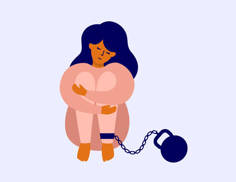 Unhappy woman chained with weight sitting hugging her knees. Burden of responsibility, debt, guilt concept. Gravity of fear, self reproach. Mental disorder, anxiety. Depressed girl vector illustration