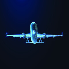 Digital 3d airplane. Abstract vector wireframe of airliner in the blue background. Travel, tourism, business, transportation concept. Low poly dark blue mesh with dots, lines and glowing stars