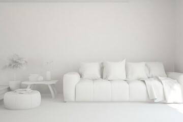 White minimalist living room with sofa. Scandinavian interior design. 3D illustration