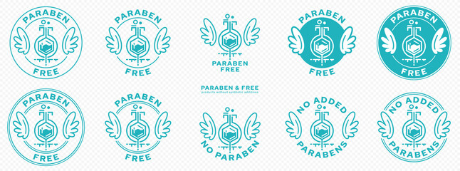 Concept for product packaging. Labeling - paraben free. A paraben chemical flask, with wings and a line of flowing ingredient - a symbol of freedom from parabens. Vector