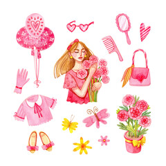 Cute girly set with watercolor elements isolated on white background. Drawn by watercolors girl with flowers in a pink T-shirt, flowers in a pot, balloons, a handbag, ballet shoes and more.