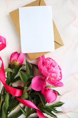 mockup greeting card. bouquet of pink peonies 