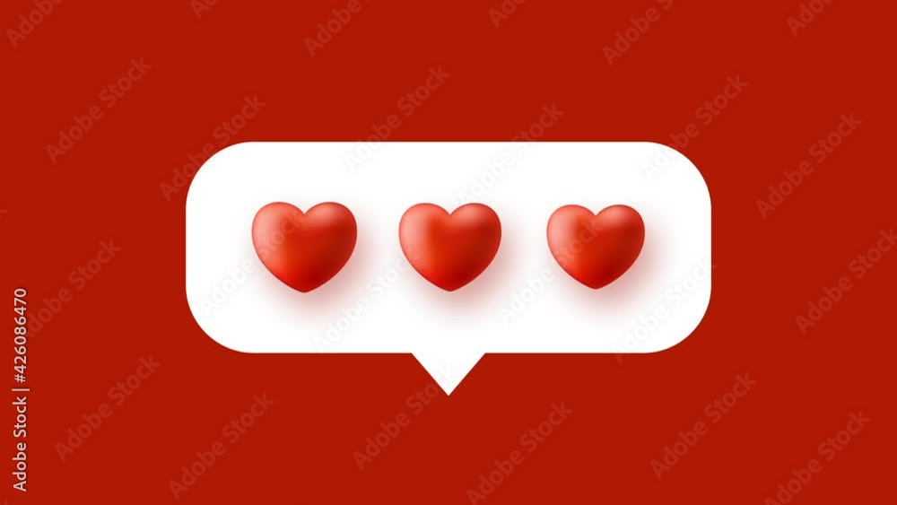 Poster heart notification animation. 3d red heart and outline chat notification social media network motion