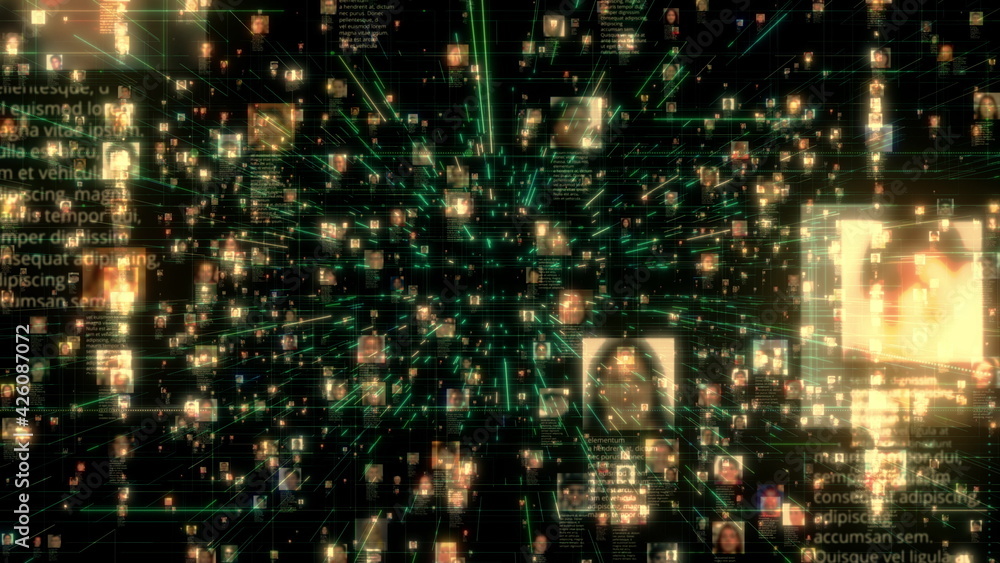 Poster artificial intelligence concept of a social network with a flow of unrecognizable people connecting 