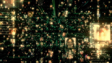 artificial intelligence concept of a social network with a flow of unrecognizable people connecting on black background, 3d rendering 4K footage