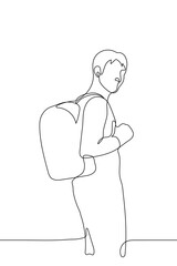 guy stands with his back to the viewer and looks at him, on his back there is a backpack - one line drawing. Concept of student or tourist with bag on the back