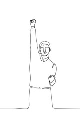 man stands with his right hand raised up with a clenched fist - one line drawing. the concept of joy, jubilation, triumph, celebration