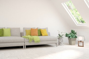 White living room with sofa and summer landscape in window. Scandinavian interior design. 3D illustration