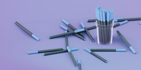 A collection of pens in a 3d isometry glass. Background for education and school. Office store