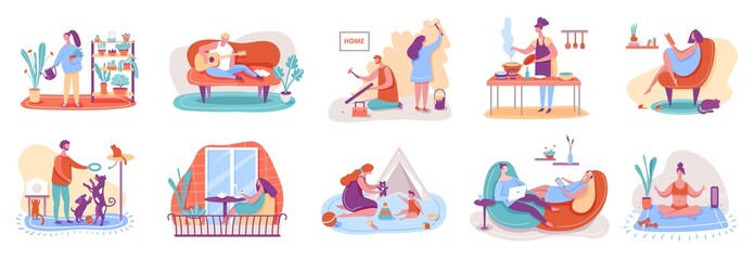 People relaxing at home. Man and woman watering plants, cooking, reading books, playing with pets, practicing yoga. Leisure time vector set. Characters doing renovation, drinking tea