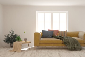 White living room with sofa. Scandinavian interior design. 3D illustration