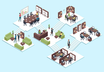 Isometric office. Business people team working together, employees in 3d interior vector teamwork, presentation and workspace concept. Business management, people communicating and doing job