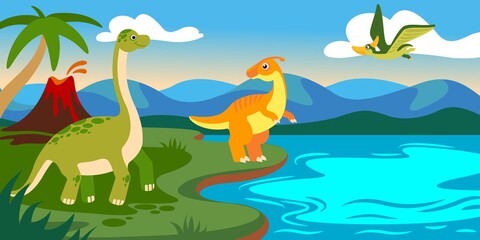 Cute dinosaurs with landscape. Cartoon dino prehistoric scene with lake, volcano, mountain and palm tree. Jurassic animals vector background. Mythological creatures near river with mountain