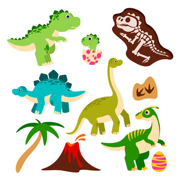 Cute dinosaurs. Cartoon dino, baby dragon in egg, prehistoric monster skeleton, palm tree and volcano. Funny jurassic animals vector characters for children book or party event decor