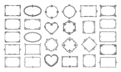Decorative frames. Elegant floral heart, circle ornaments. Calligraphic ornate certificate, book decoration. Hand drawn vintage border vector set. Rectangle, square, rhombus, ellipse decorated shapes