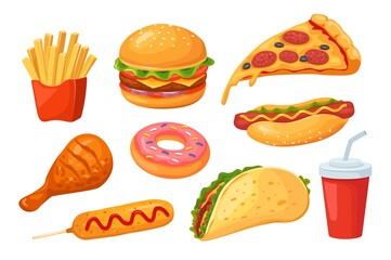 Fast food. Pizza and hamburger, cola and hot dog, chicken and donut, sandwich and corn dog. Isolated cartoon fastfood vector set. Having junk tasty meal as french fries, sausage and taco